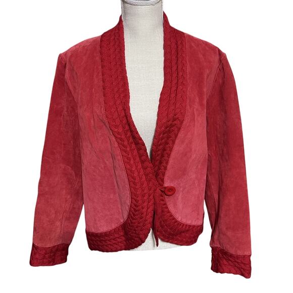 Coldwater Creek Red Leather Suede Jacket Cropped Cable Knit Trim Sz L - Picture 1 of 8